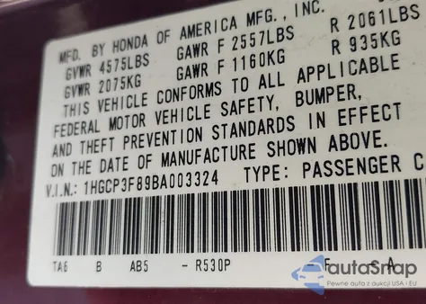 2011 Honda Accord 3.5 Ex-L from USA, damaged, VIN 1HGCP3F89BA003324